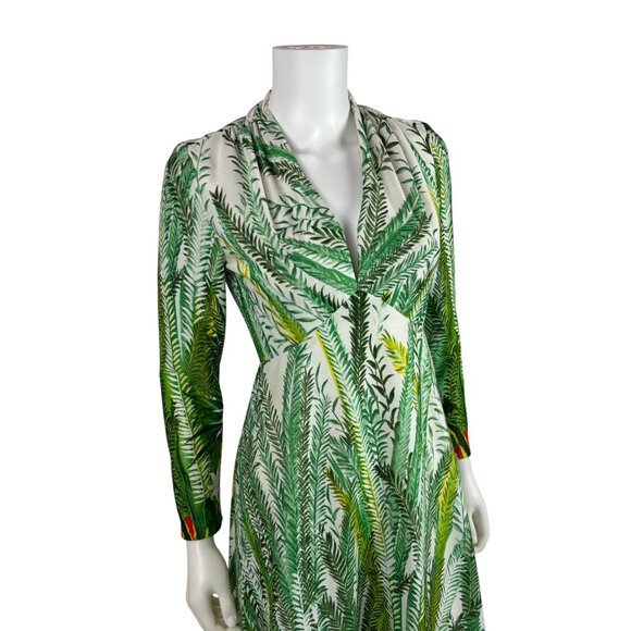 Vintage 70s Tropical Dress Womens XS Deep V Green Botanical Maxi Empire Bust - Picture 6 of 13